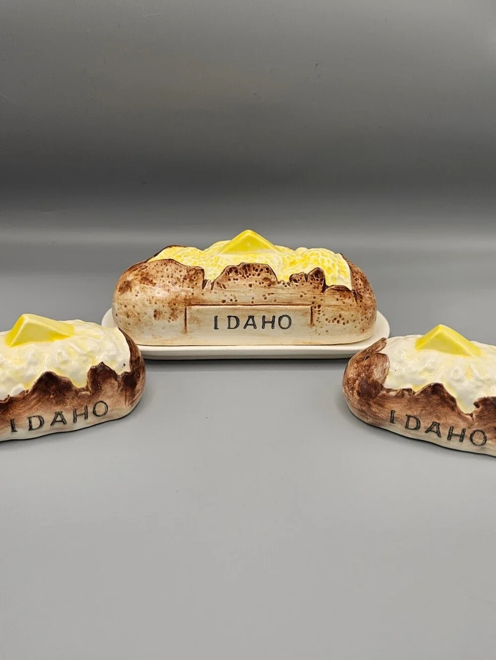 Vintage Idaho Baked Potato Ceramic Salt and Pepper Shakers with Butter Dish